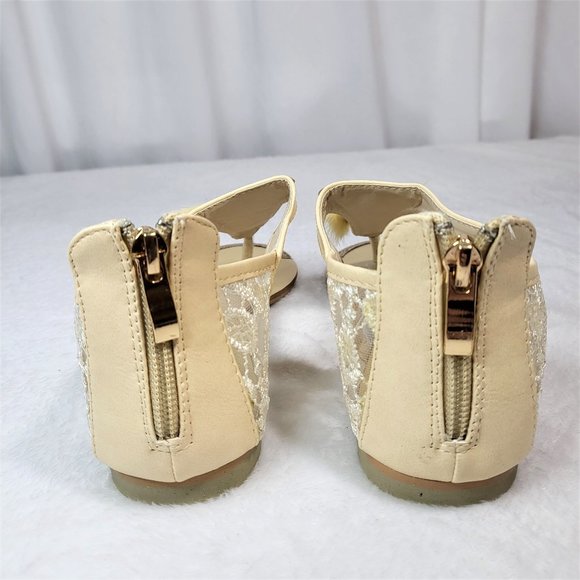 SilverDew Beige Summer Sandals Faux Fur Pom Poms - Picture 5 of 8